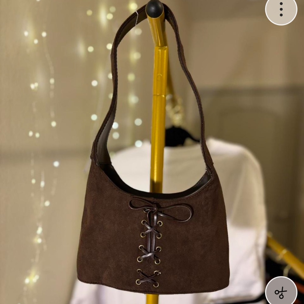Faux suede brown bag with lace up accent